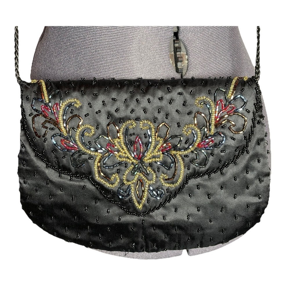 Vtg Y2K Beaded Satin Evening Bag Black Floral Woven Strap Prom cocktail